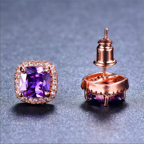 New Women’s Rose Gold Plated Amethyst Stud Earrings - Picture 4 of 5